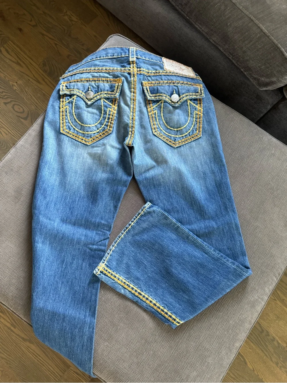 True Religion RICKY SUPER QT Blue Bootcut Jeans with Yellow Stitching RARE